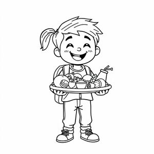 A student carrying a lunch tray with food, front-facing cartoon pose, simple black-and-white lines, clean art

