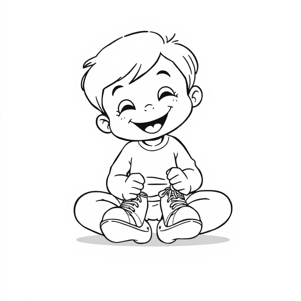 A child tying shoelaces while sitting, cartoon-style, clean outlines, no clutter