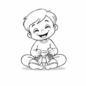 A child tying shoelaces while sitting, cartoon-style, clean outlines, no clutter