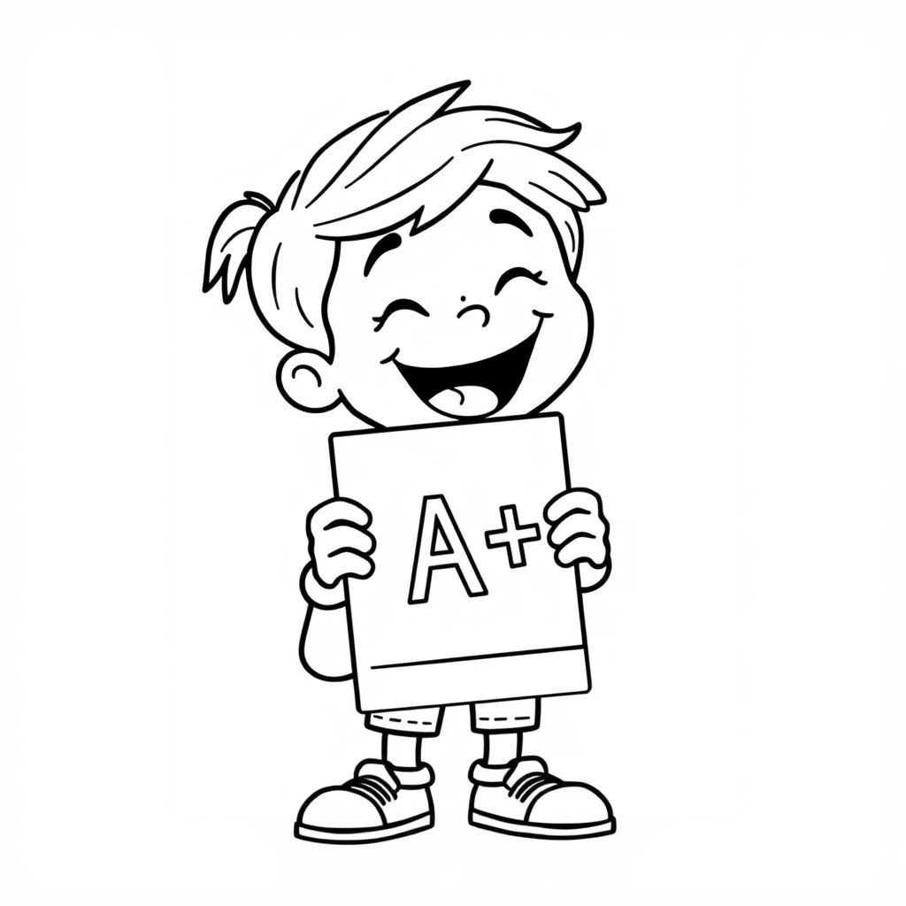 A student proudly holding a report card, “A+” visible, smiling face, simple background-free image


