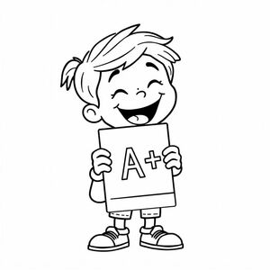 A student proudly holding a report card, “A+” visible, smiling face, simple background-free image

