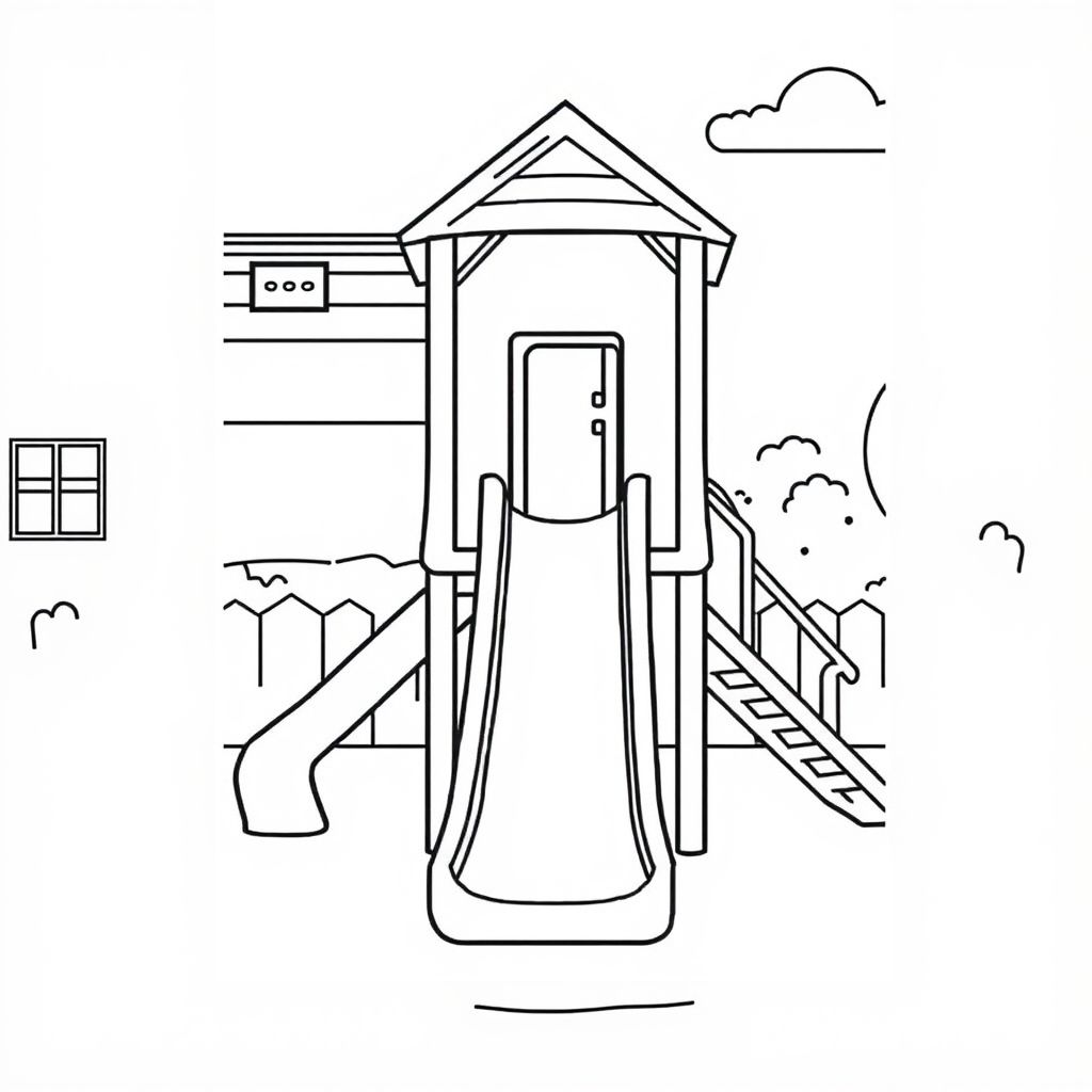 A slide on a school playground, cartoon line art, minimal design, single item centered, white background

