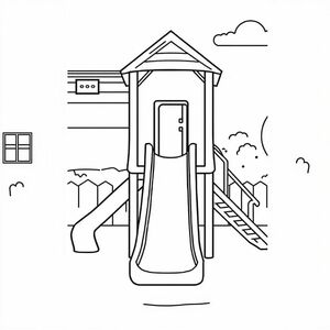 A slide on a school playground, cartoon line art, minimal design, single item centered, white background

