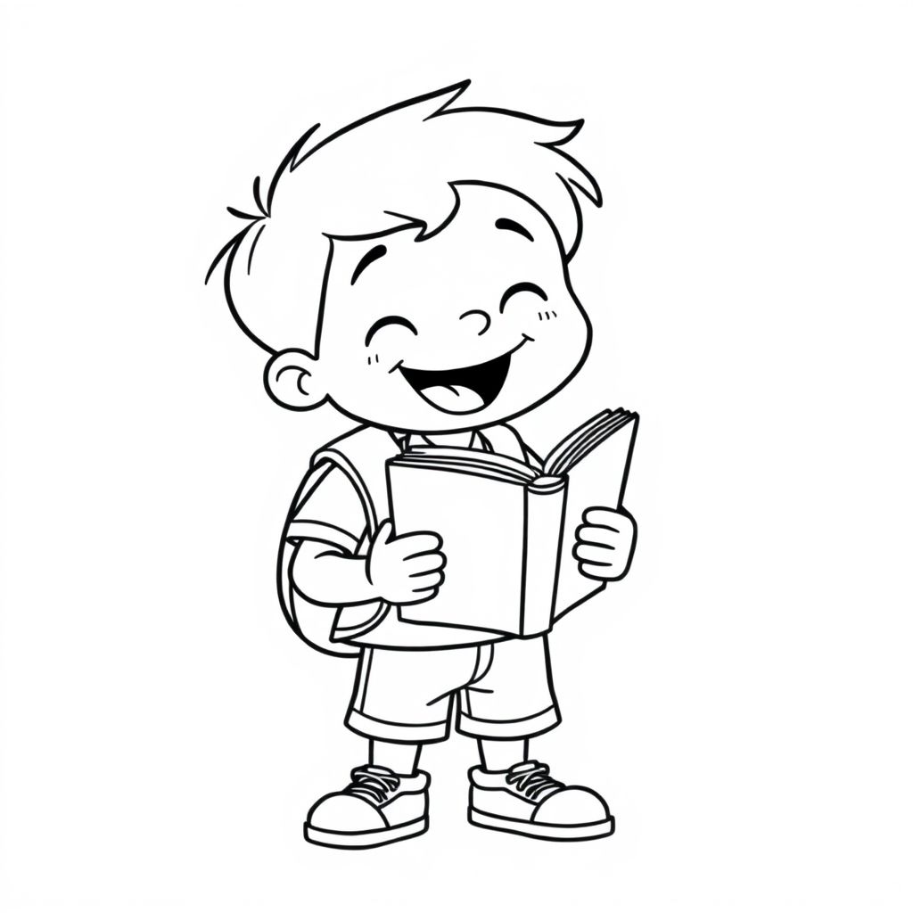A happy schoolboy holding a book, cartoon-style line art, simple outline, minimal elements, white background, no shading, HD, for children’s coloring book