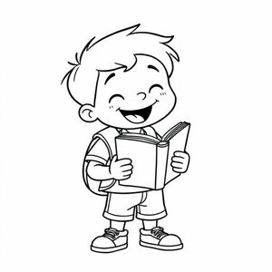 A happy schoolboy holding a book, cartoon-style line art, simple outline, minimal elements, white background, no shading, HD, for children’s coloring book