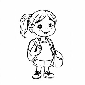 A schoolgirl wearing a backpack and smiling, simple black-and-white cartoon line art, minimal design, white background, KDP coloring page quality