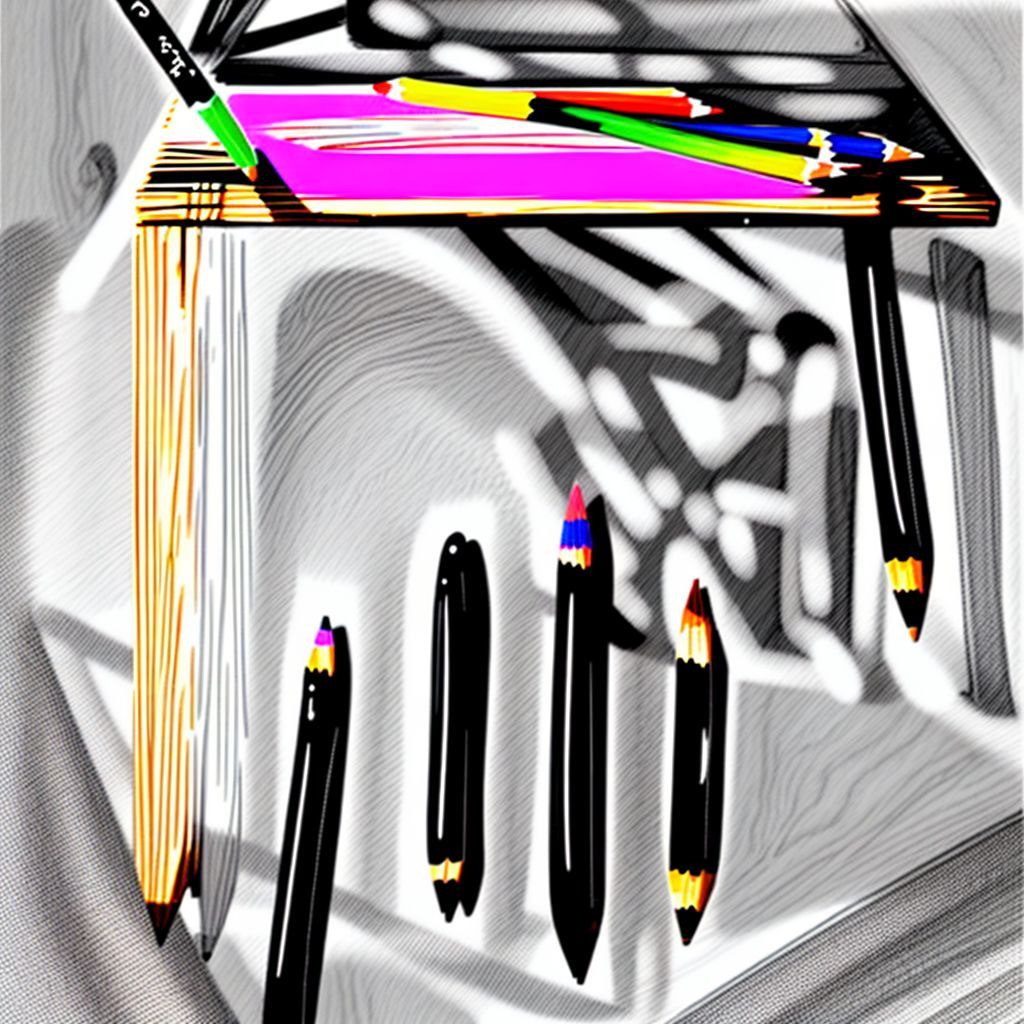 A wooden school desk with a pencil on top, outlined drawing, simple cartoon style, clean design, no background clutter, high resolution