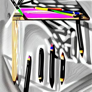 A wooden school desk with a pencil on top, outlined drawing, simple cartoon style, clean design, no background clutter, high resolution