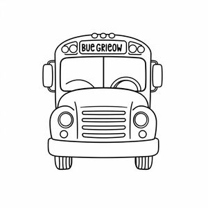 A school bus with a friendly face, outlined cartoon drawing, no interior details, centered object, white background, minimal and bold lines