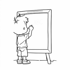 A young boy writing on a chalkboard, cartoon-style line art, standing posture, chalkboard with ABC written, white background

