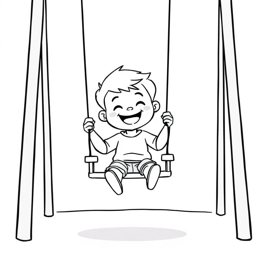  A young boy sitting on a playground swing, smiling, cartoon-style black-and-white line art, simple outline, minimal elements, white background, KDP coloring page