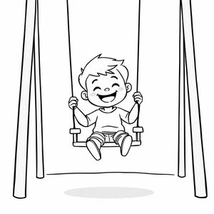  A young boy sitting on a playground swing, smiling, cartoon-style black-and-white line art, simple outline, minimal elements, white background, KDP coloring page
