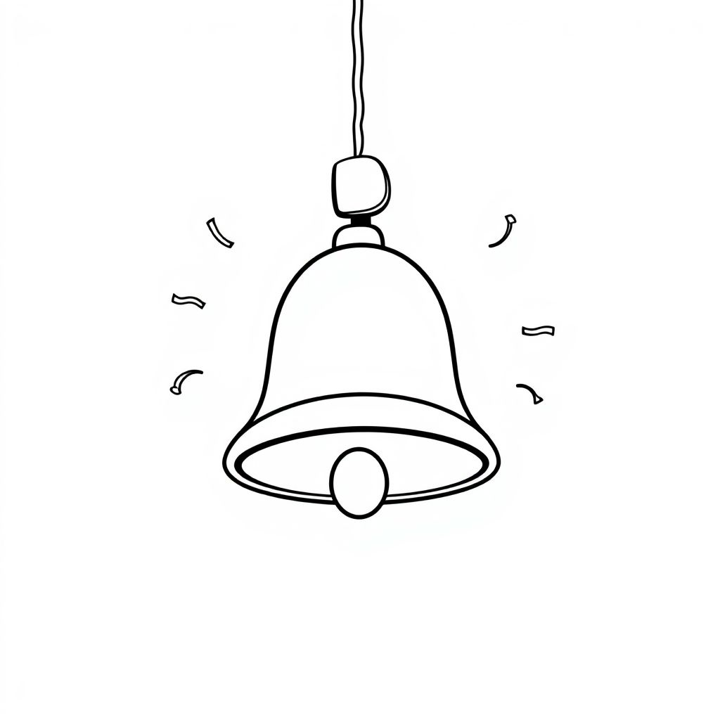 A school bell hanging with sound lines, cartoon drawing, centered object, bold outlines, white background
