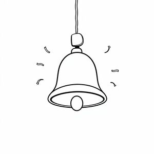 A school bell hanging with sound lines, cartoon drawing, centered object, bold outlines, white background