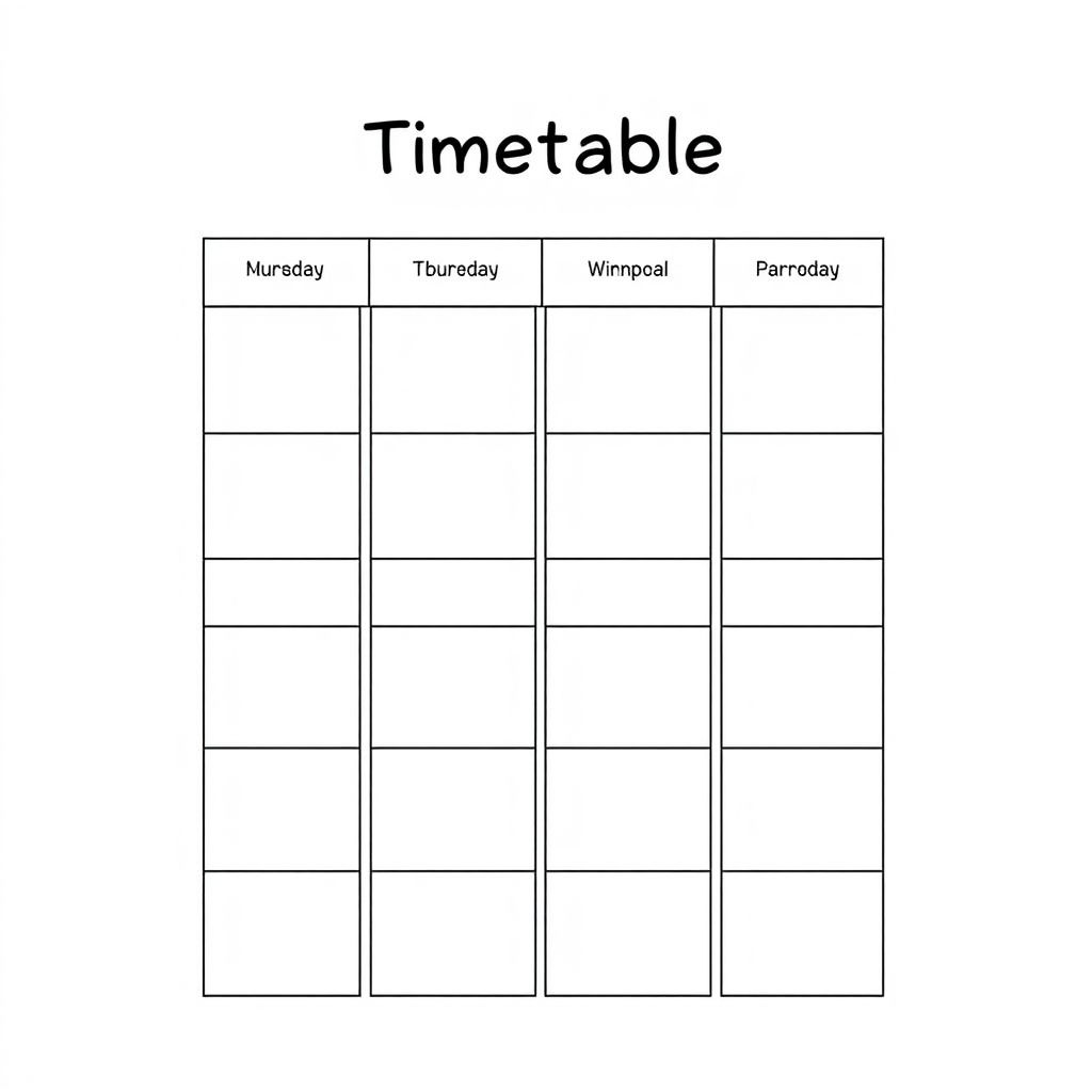 A school timetable chart with days and periods, clean and large boxes, simple black outline, no shading, white background