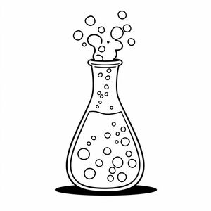 A science beaker with bubbling liquid, thick outline, no clutter, cartoon line drawing, minimal and kid-friendly