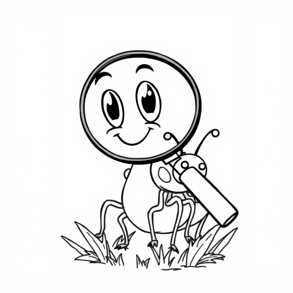 A cartoon magnifying glass over a bug, large shapes, no texture, centered on white background