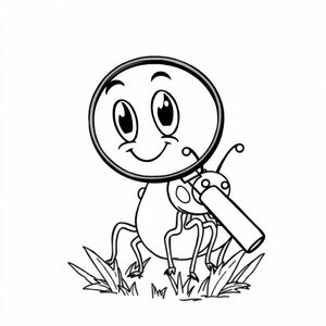 A cartoon magnifying glass over a bug, large shapes, no texture, centered on white background