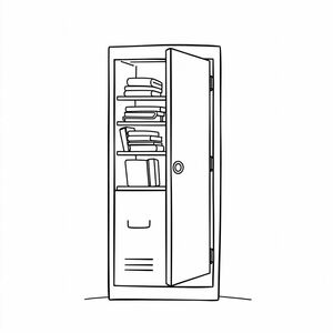A vertical school locker with open door, few items inside like books and a lunchbox, minimal style, white background