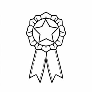 A school ribbon award with star shape, thick-lined simple cartoon outline, clean space, white background