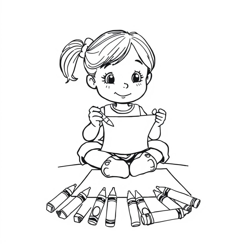  A girl drawing on paper using crayons, cartoon line drawing, sitting pose, focused design, white background