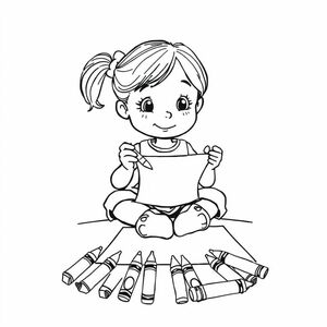  A girl drawing on paper using crayons, cartoon line drawing, sitting pose, focused design, white background