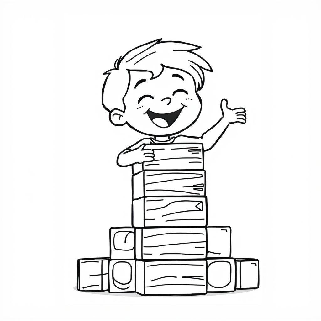 A boy stacking wooden blocks, black-and-white cartoon outline, centered subject, clean background