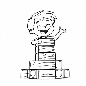 A boy stacking wooden blocks, black-and-white cartoon outline, centered subject, clean background