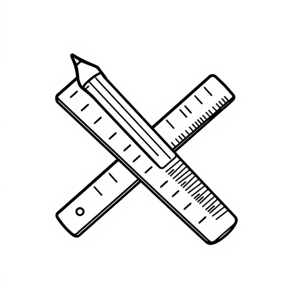 A pencil and ruler crossed in X shape, cartoon-style black lines, isolated object, white background