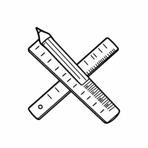 A pencil and ruler crossed in X shape, cartoon-style black lines, isolated object, white background