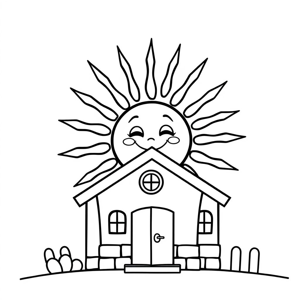  A smiling sun rising behind a school roof, cartoon sun with rays, bold outlines, no shading, white background