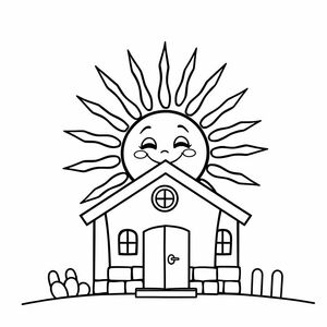  A smiling sun rising behind a school roof, cartoon sun with rays, bold outlines, no shading, white background