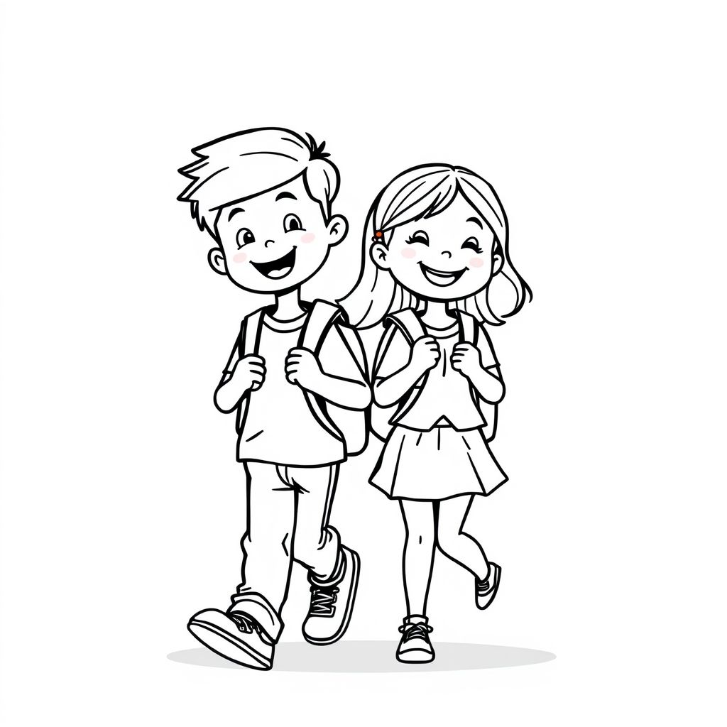 A boy and girl walking side by side to school with backpacks, cartoon black-and-white style, minimal background