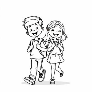 A boy and girl walking side by side to school with backpacks, cartoon black-and-white style, minimal background