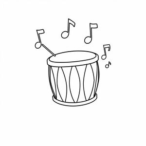 A drum and musical note, line art style, simple shapes, no shadows, white background