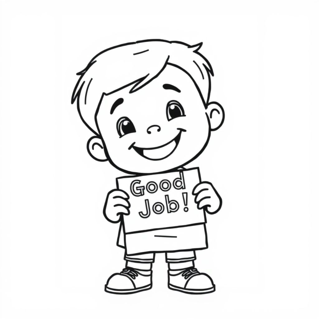 A boy showing a “Good Job” sticker on paper, smiling, cartoon style, minimal items, centered
