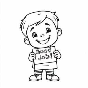 A boy showing a “Good Job” sticker on paper, smiling, cartoon style, minimal items, centered