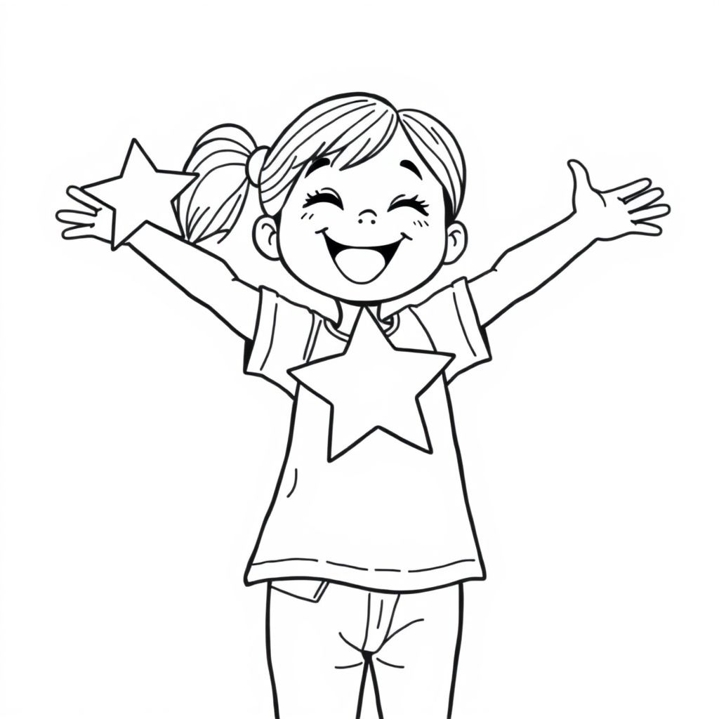 A girl with a big star sticker on her hand, cheerful pose, simple black outline, white background