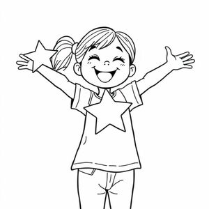 A girl with a big star sticker on her hand, cheerful pose, simple black outline, white background