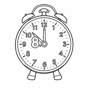 A school clock showing 8:00 am, large face, bold hands, cartoon style, outlined with thick lines