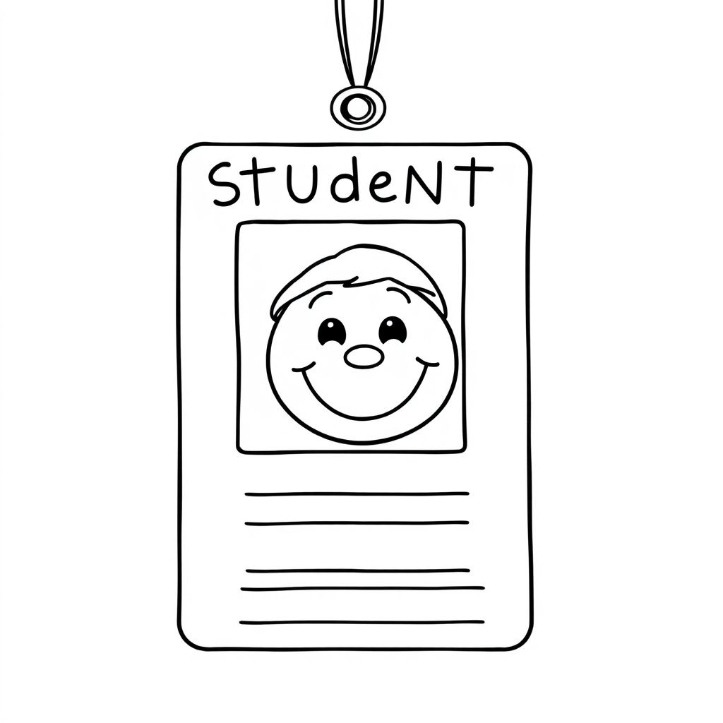  A student ID card with smiley photo and text lines, bold cartoon style, simple design, white background