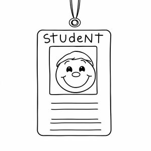  A student ID card with smiley photo and text lines, bold cartoon style, simple design, white background