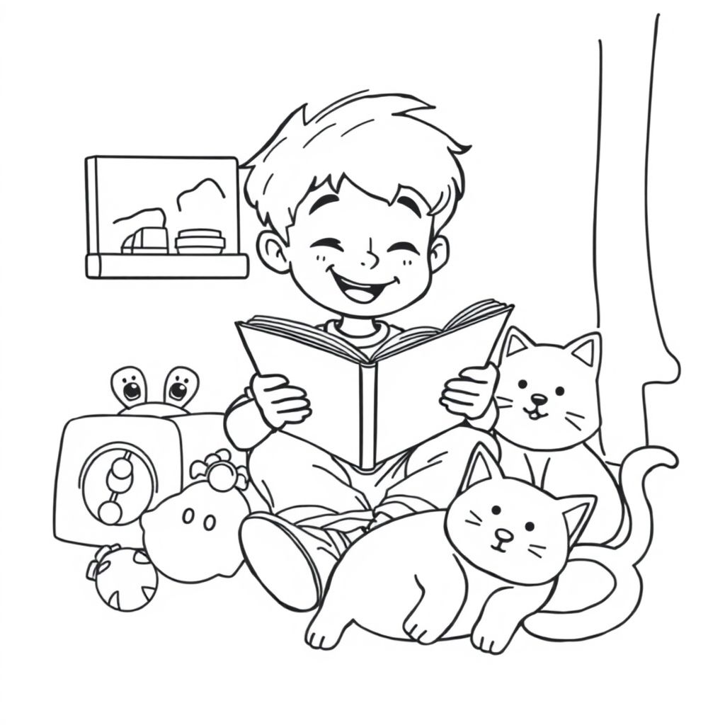 A young boy reading a storybook while sitting, cartoon pose, large objects, no clutter, white background
