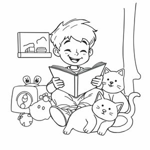 A young boy reading a storybook while sitting, cartoon pose, large objects, no clutter, white background