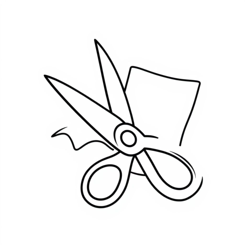  A pair of scissors and paper shape, cartoon style, bold outlines, no texture