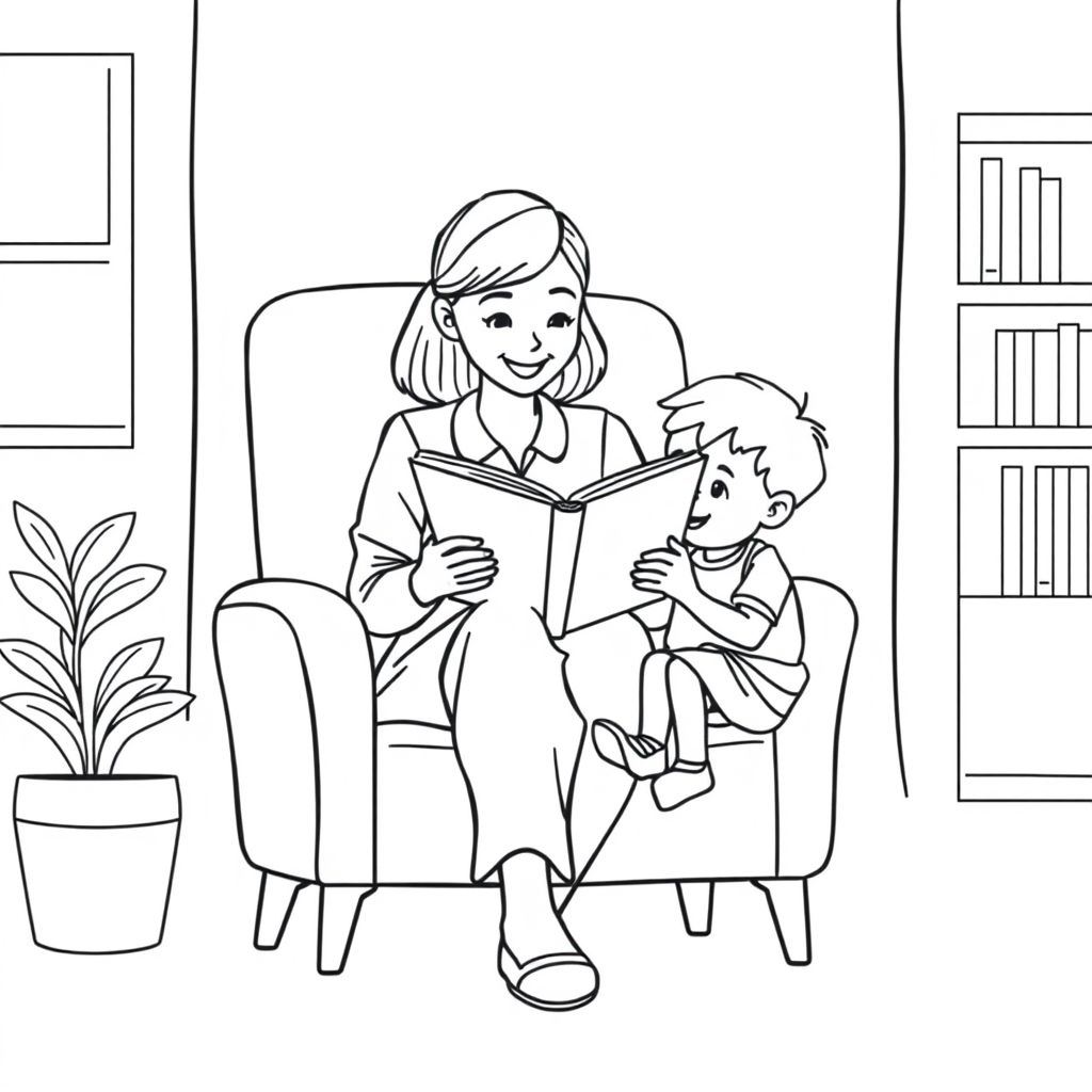 A teacher sitting on a chair reading a book to 2 children, minimal line art, centered composition