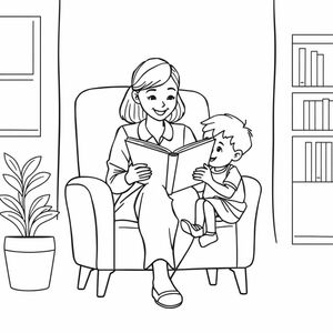 A teacher sitting on a chair reading a book to 2 children, minimal line art, centered composition