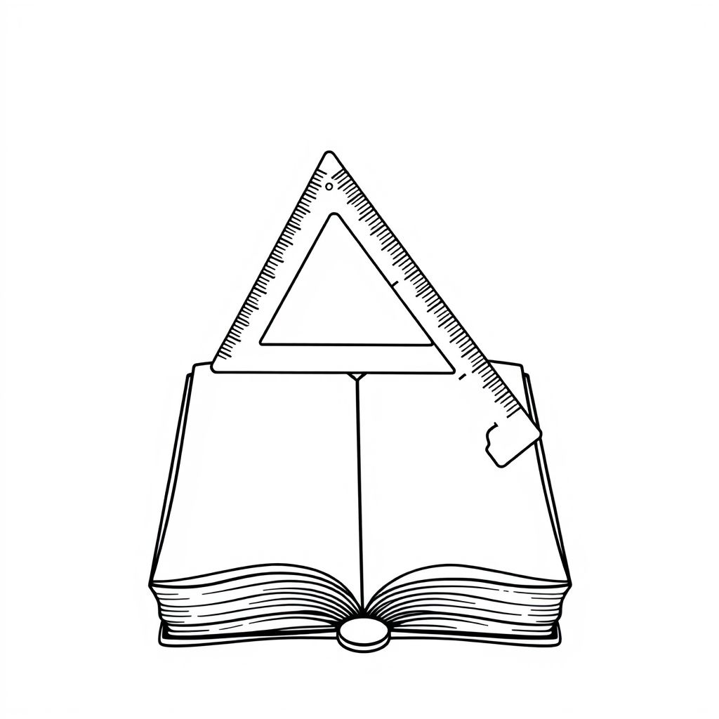 A triangular ruler and notebook, bold black-and-white cartoon line style, plain white background