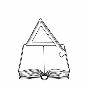 A triangular ruler and notebook, bold black-and-white cartoon line style, plain white background