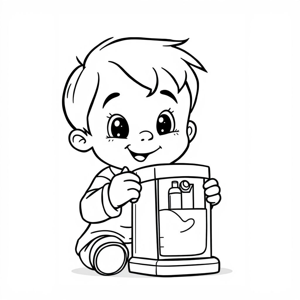 A child using a manual pencil sharpener, close-up cartoon line art, single subject focus